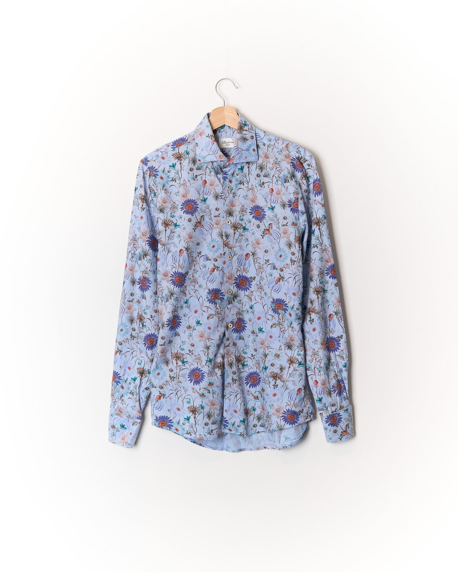 Stenströms Light Blue Flower Print Slimline Cotton Shirt