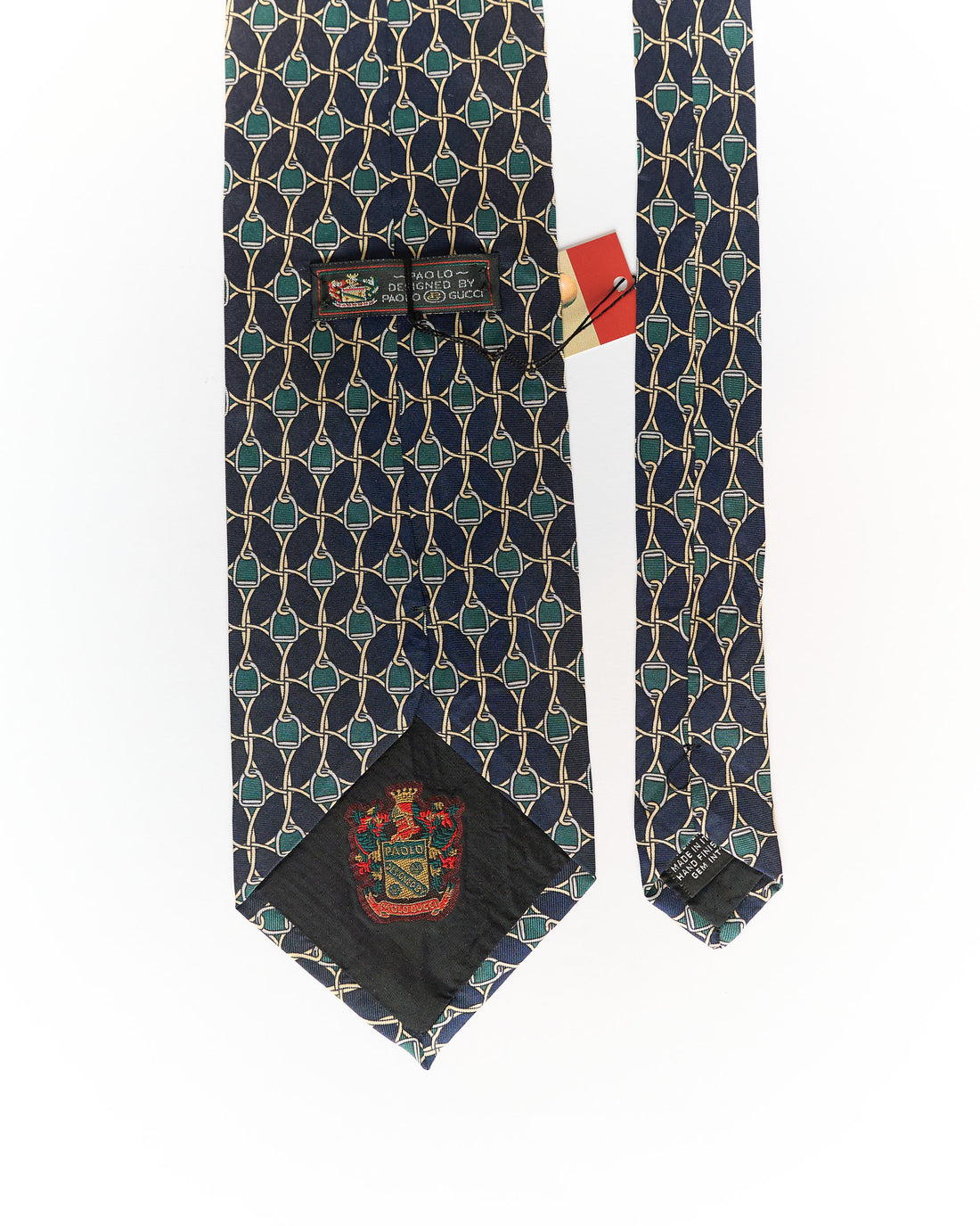 Paolo Gucci Vintage Green and Navy Equestrian Stirrup Foulard Pattern Silk Tie