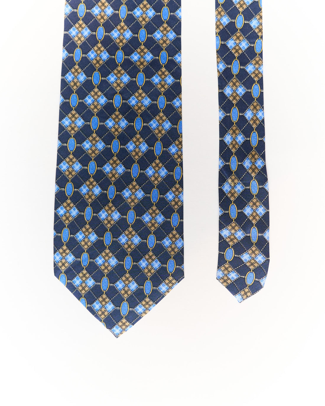 Paolo Gucci Vintage Navy, Blue and Beige Argyle Foulard Pattern Silk Tie