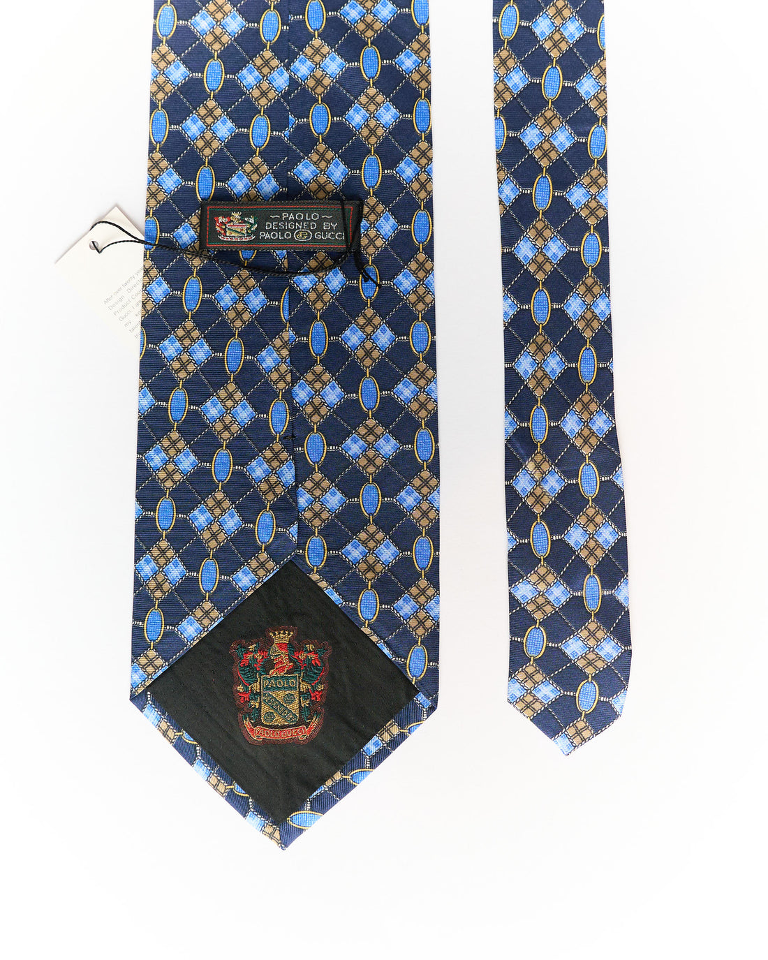 Paolo Gucci Vintage Navy, Blue and Beige Argyle Foulard Pattern Silk Tie