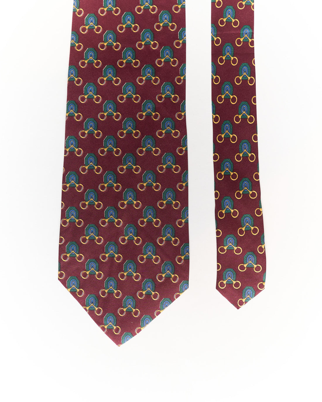 Paolo Gucci Vintage Burgundy Red and Green Horsebit Foulard Pattern Silk Tie