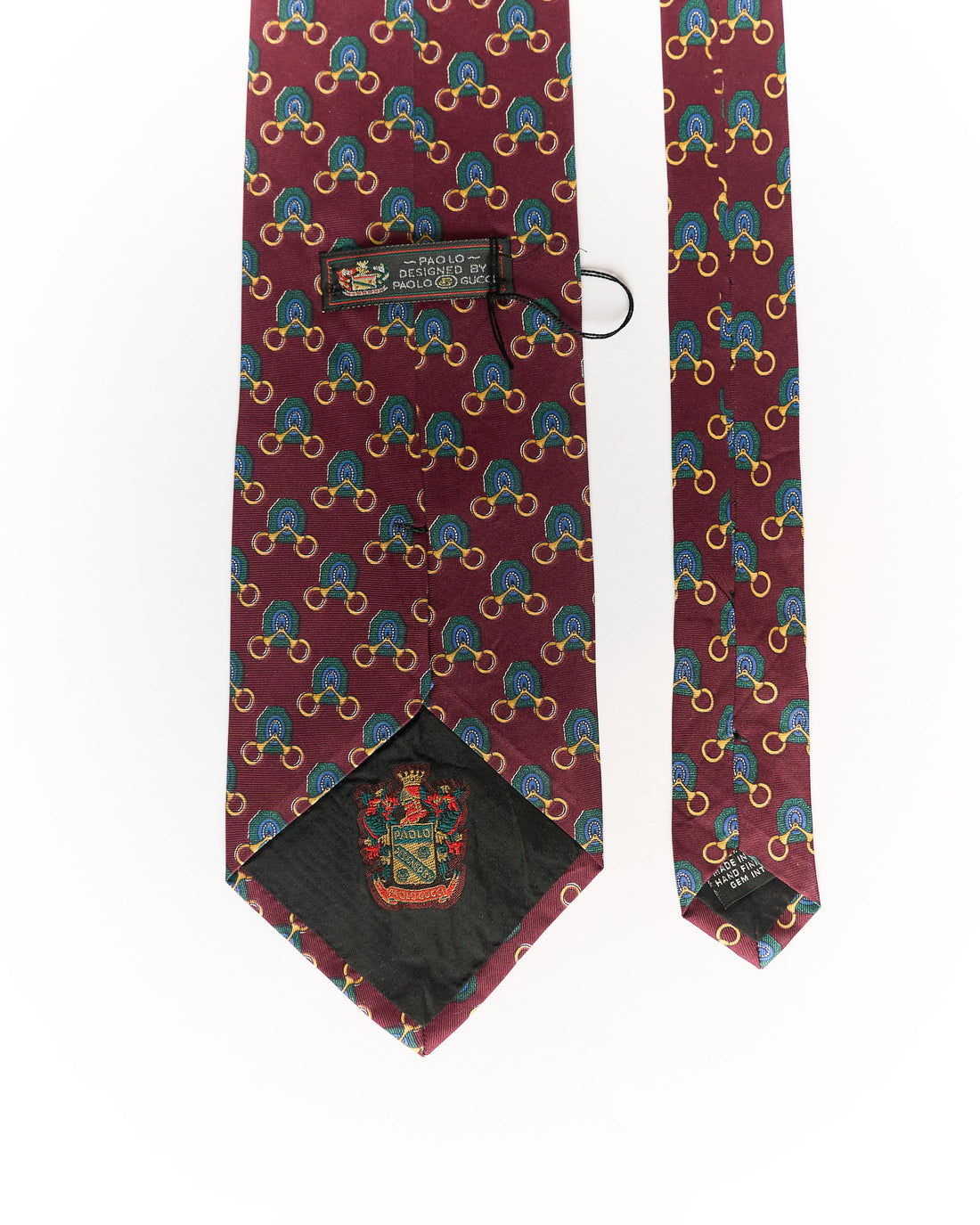 Paolo Gucci Vintage Burgundy Red and Green Horsebit Foulard Pattern Silk Tie