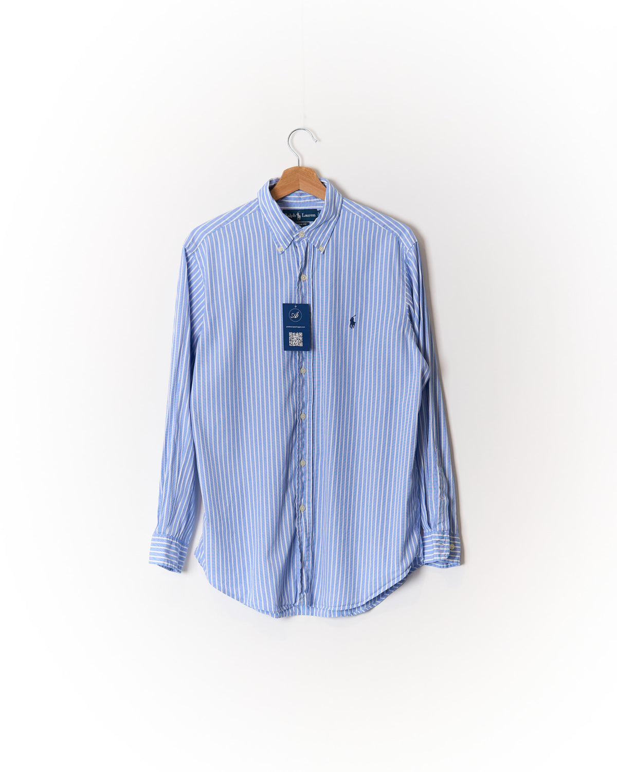 Ralph Lauren Blue and White Striped Classic Fit Button Down Cotton Shirt