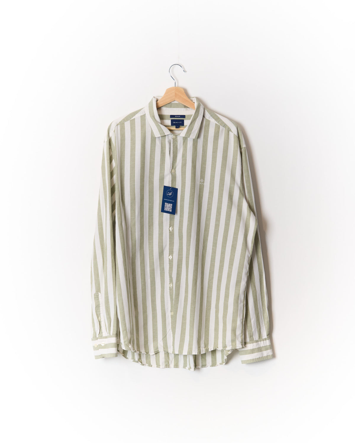 Gant Green and White Striped Regular Cotton Shirt
