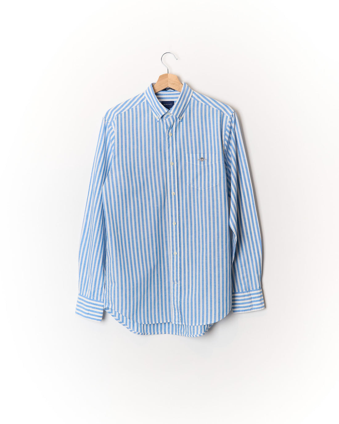 Gant Light Blue and White Striped Regular Button Down Linen and Cotton Shirt