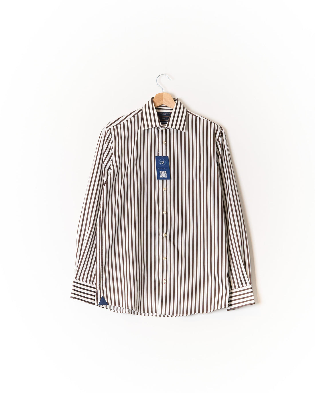 Tommy Hilfiger Tailored Brown and White Striped Fitted Wrinkel Free Cotton Shirt