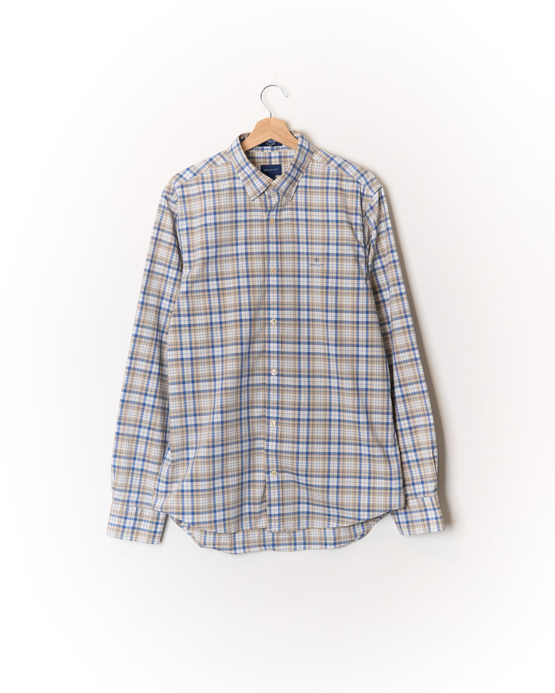 Gant Light Blue, White and Beige Checkered Tech Prep Button Down Slim Cotton Shirt