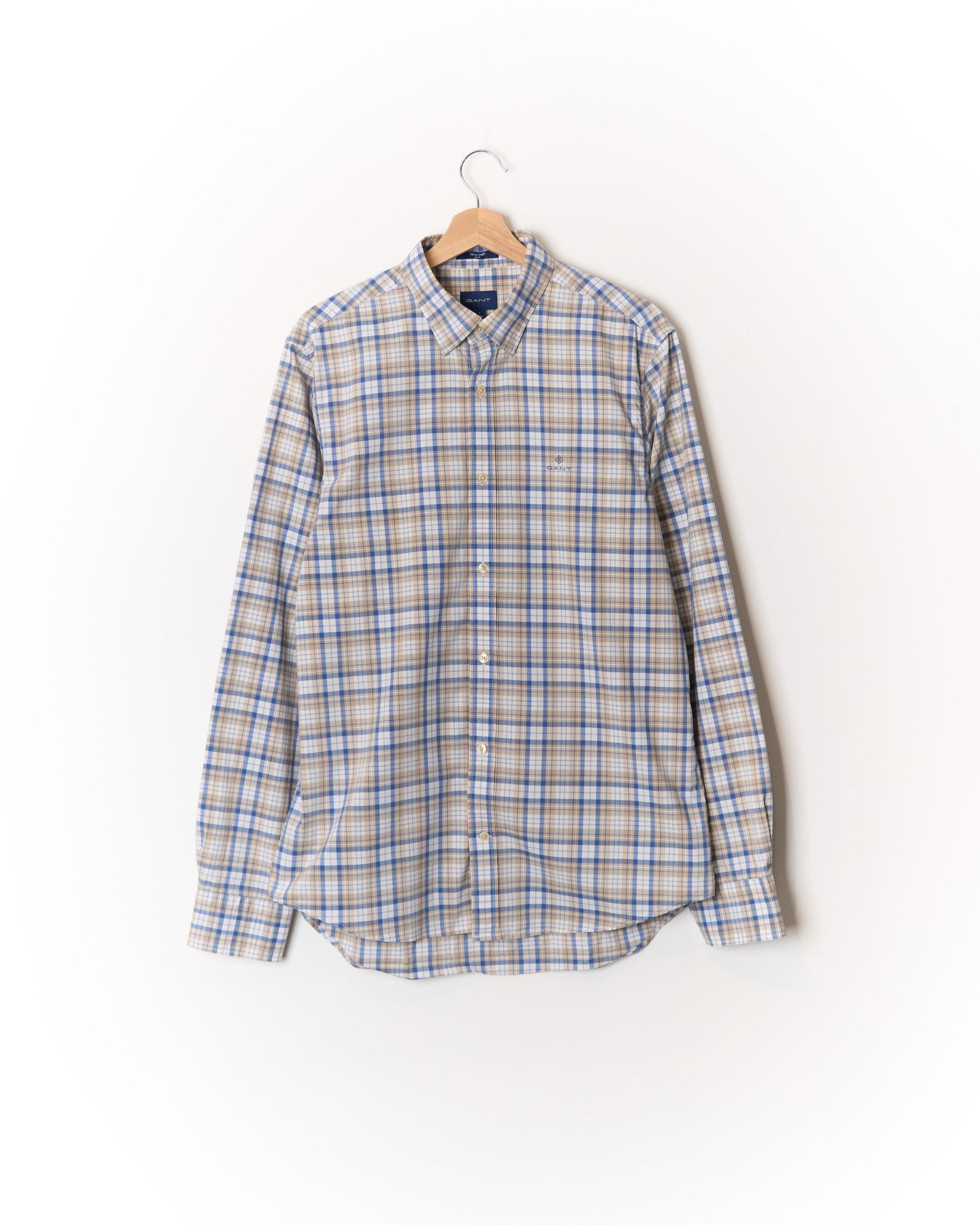 Gant Light Blue, White and Beige Checkered Tech Prep Button Down Slim Cotton Shirt