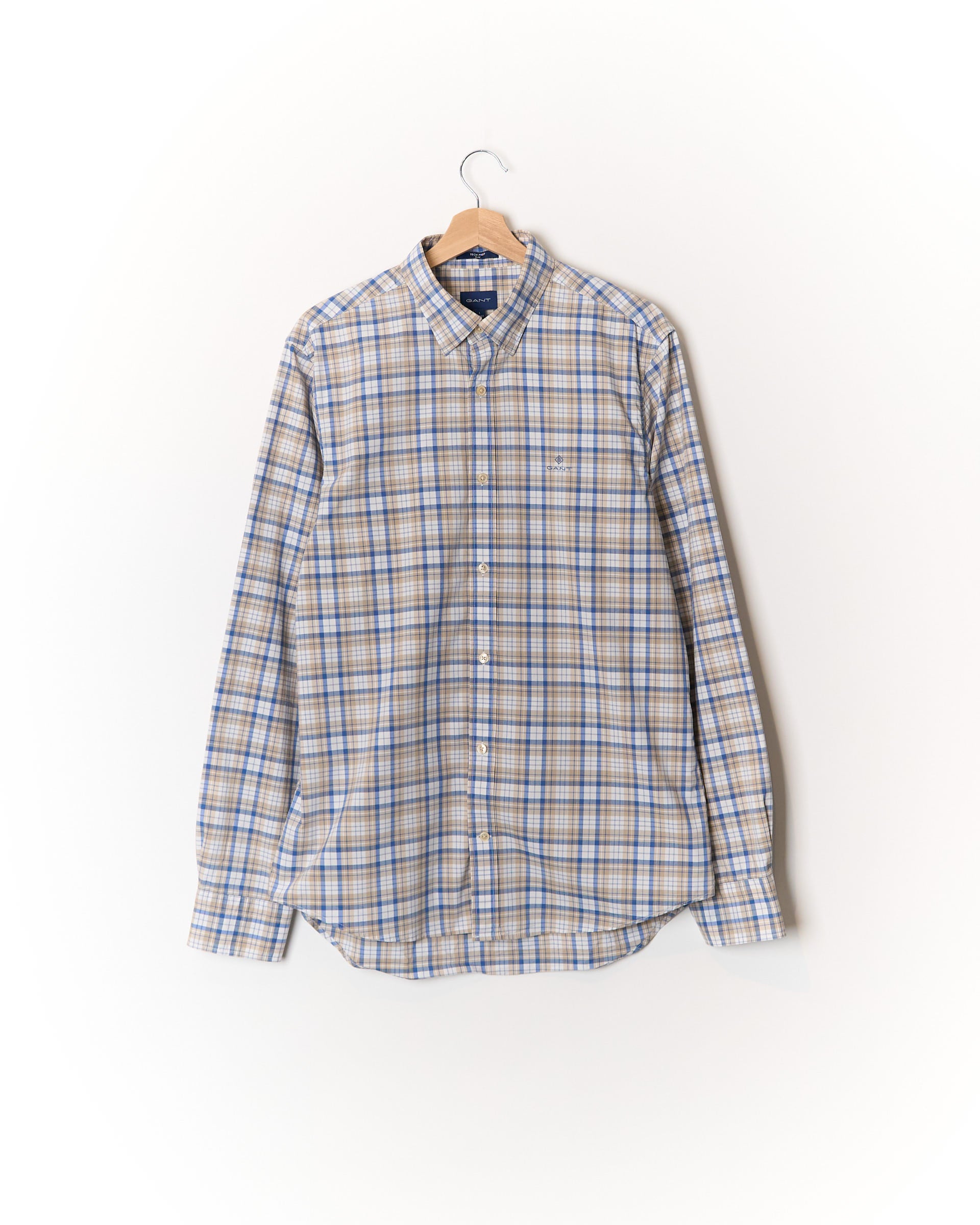 Gant Light Blue, White and Beige Checkered Tech Prep Button Down Slim Cotton Shirt