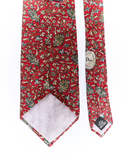 Christian Dior Red Flower Print Silk Tie