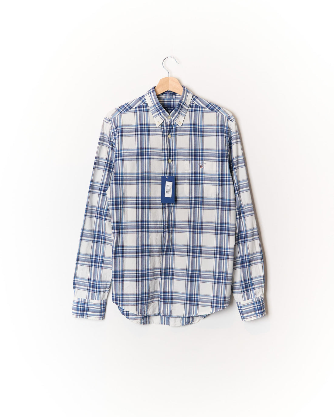 Gant White and Blue Checkered Telltail Madras Fitted Button Down Cotton Shirt