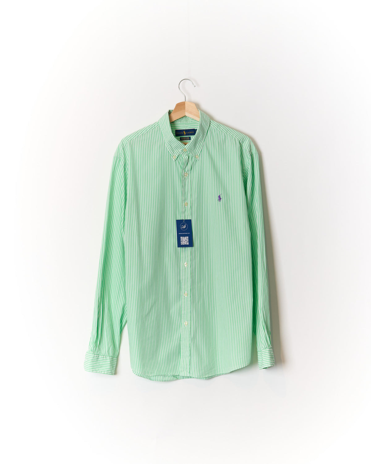 Ralph Lauren Light Green and White Striped Custom Fit Button Down Cotton Strech Shirt