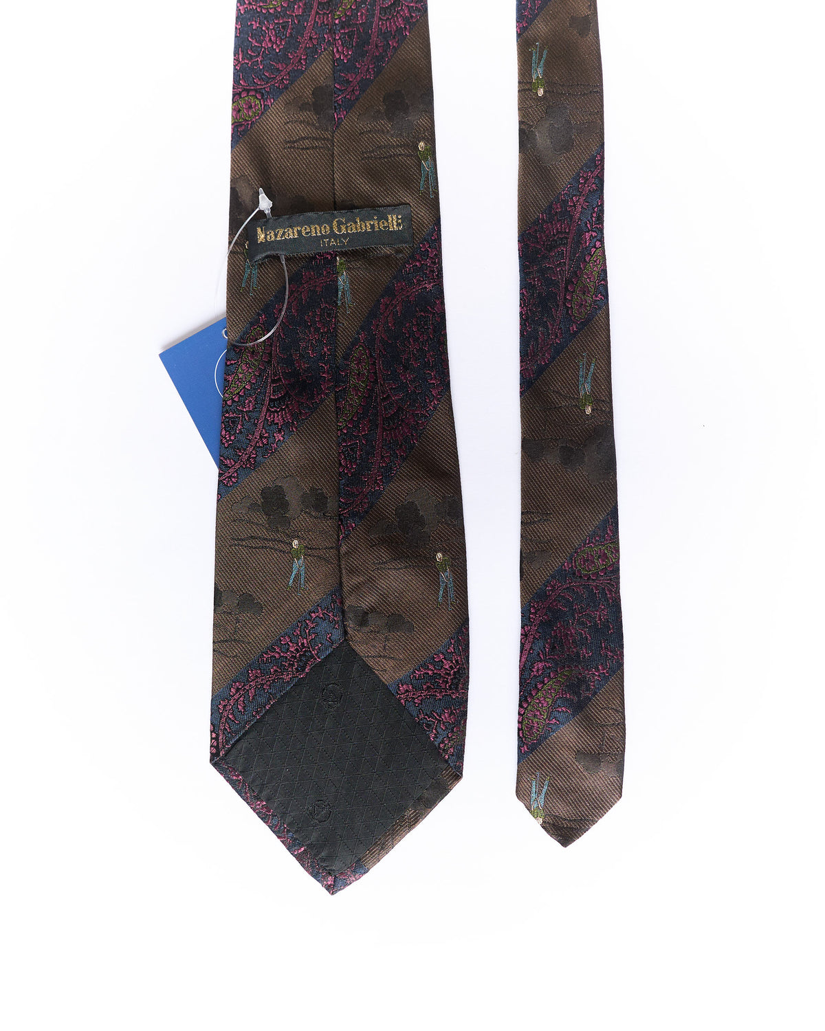 Nazareno Gabrielli Bronw Striped Ivy Paisley and Golf Print Silk Tie