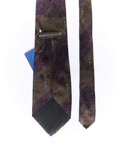 Nazareno Gabrielli Bronw Striped Ivy Paisley and Golf Print Silk Tie