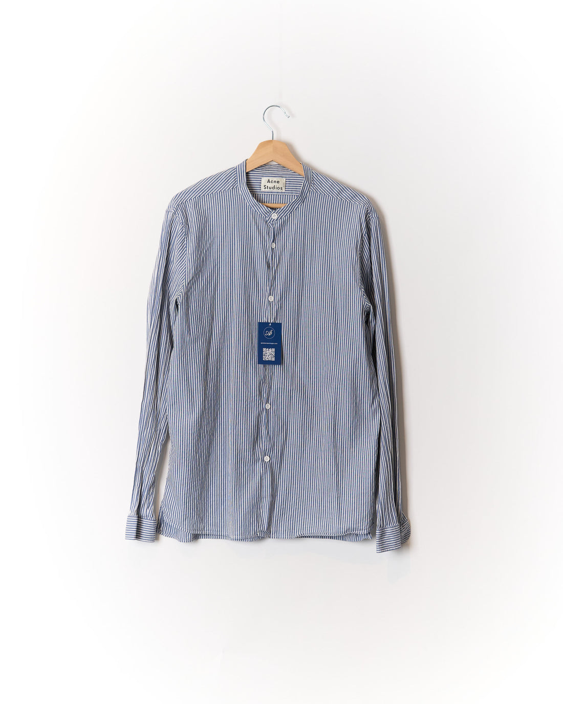 Acne Studios Blue and White Striped China Collar Cotton Shirt