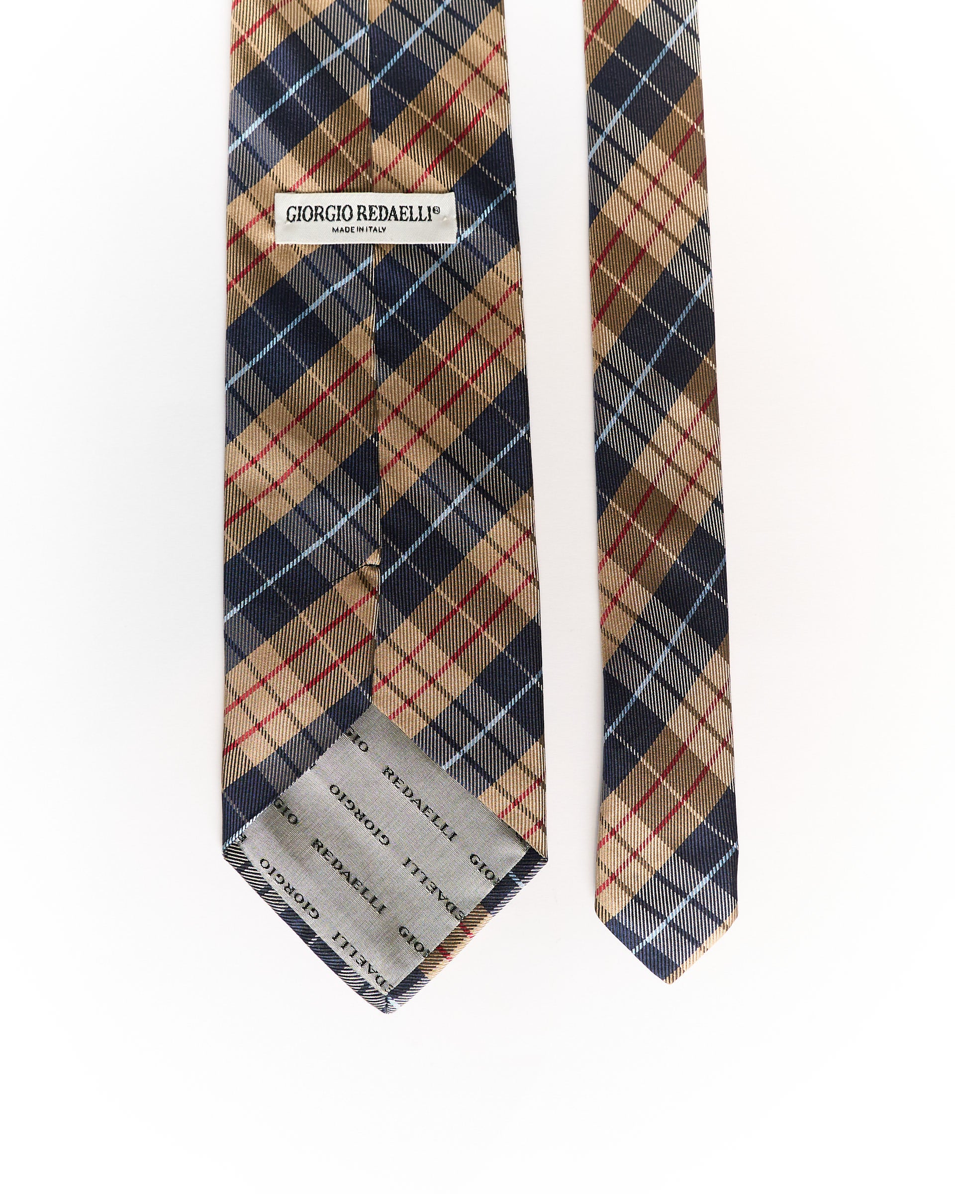 Giorgio Redaelli Beige, Navy and Red Checkered Silk Tie