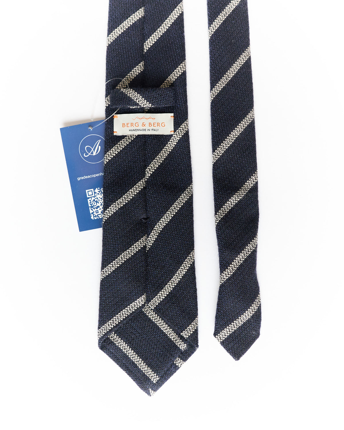 Berg &amp; Berg Navy and White Striped Hand Made Wool Tie
