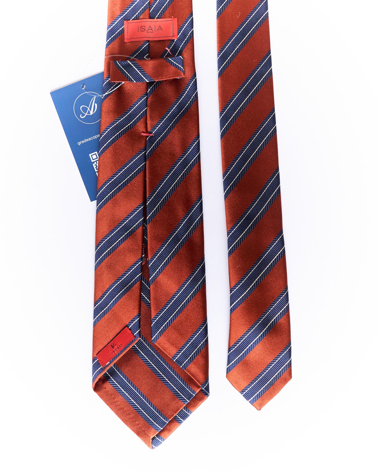 Isaia Orange and Navy 7 Fold Hand Made Silk Tie