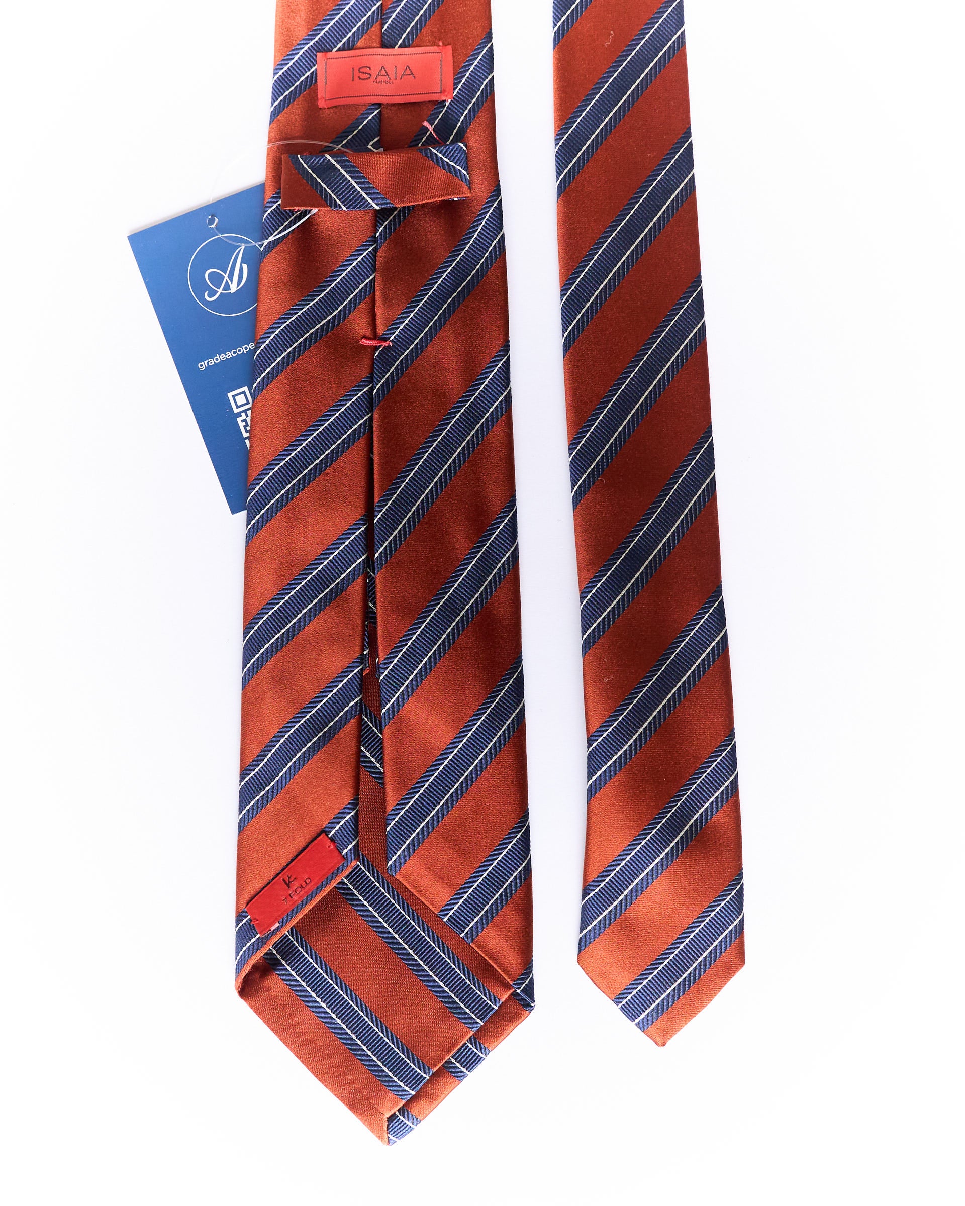 Isaia Orange and Navy 7 Fold Hand Made Silk Tie
