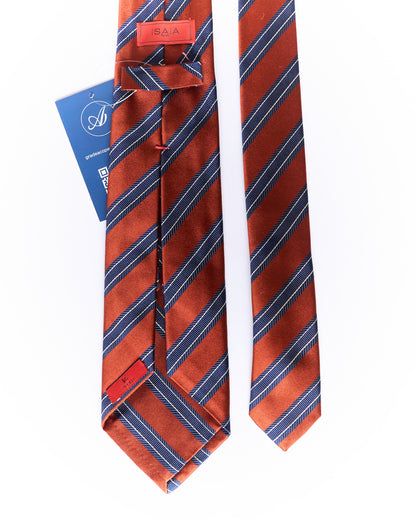 Isaia Orange and Navy 7 Fold Hand Made Silk Tie
