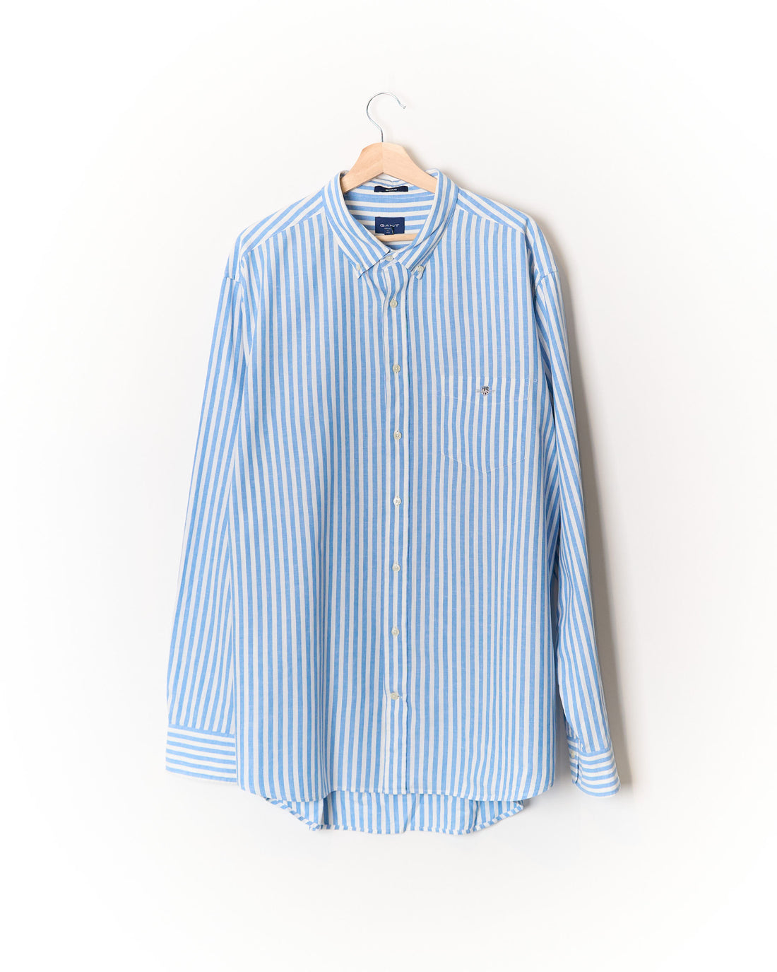 Gant Light Blue and White Striped Regular Button Down Linen and Cotton Shirt