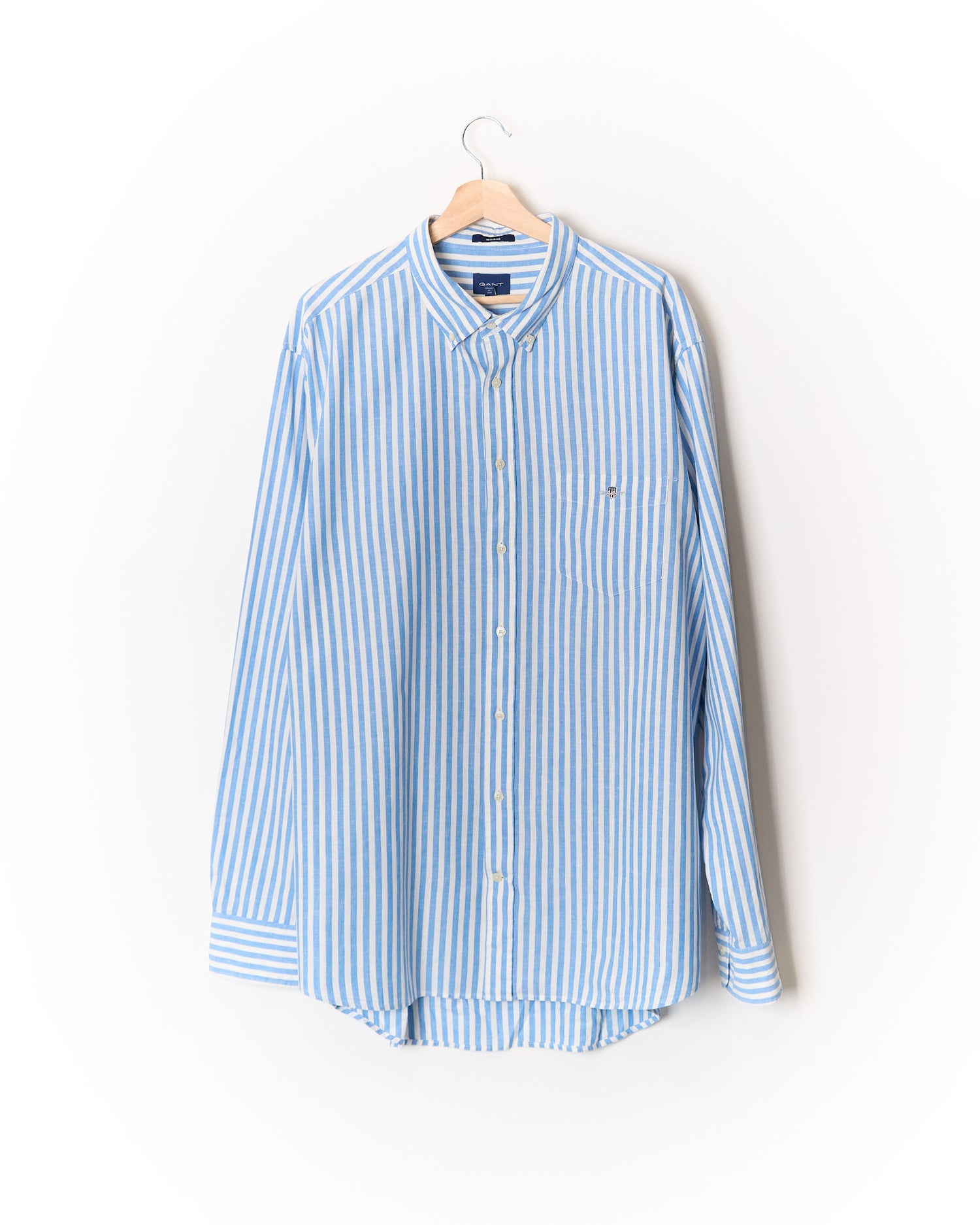 Gant Light Blue and White Striped Regular Button Down Linen and Cotton Shirt