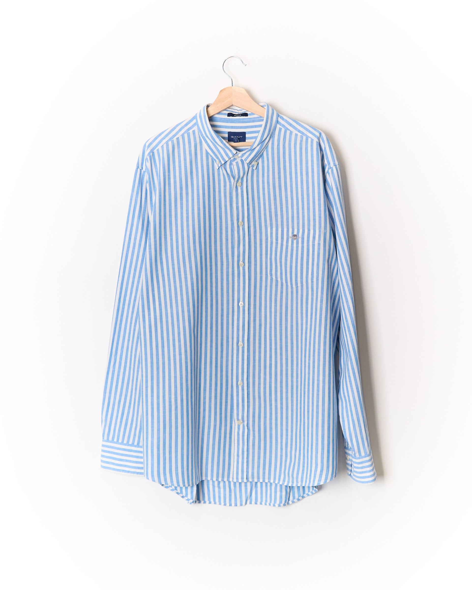 Gant Light Blue and White Striped Regular Button Down Linen and Cotton Shirt