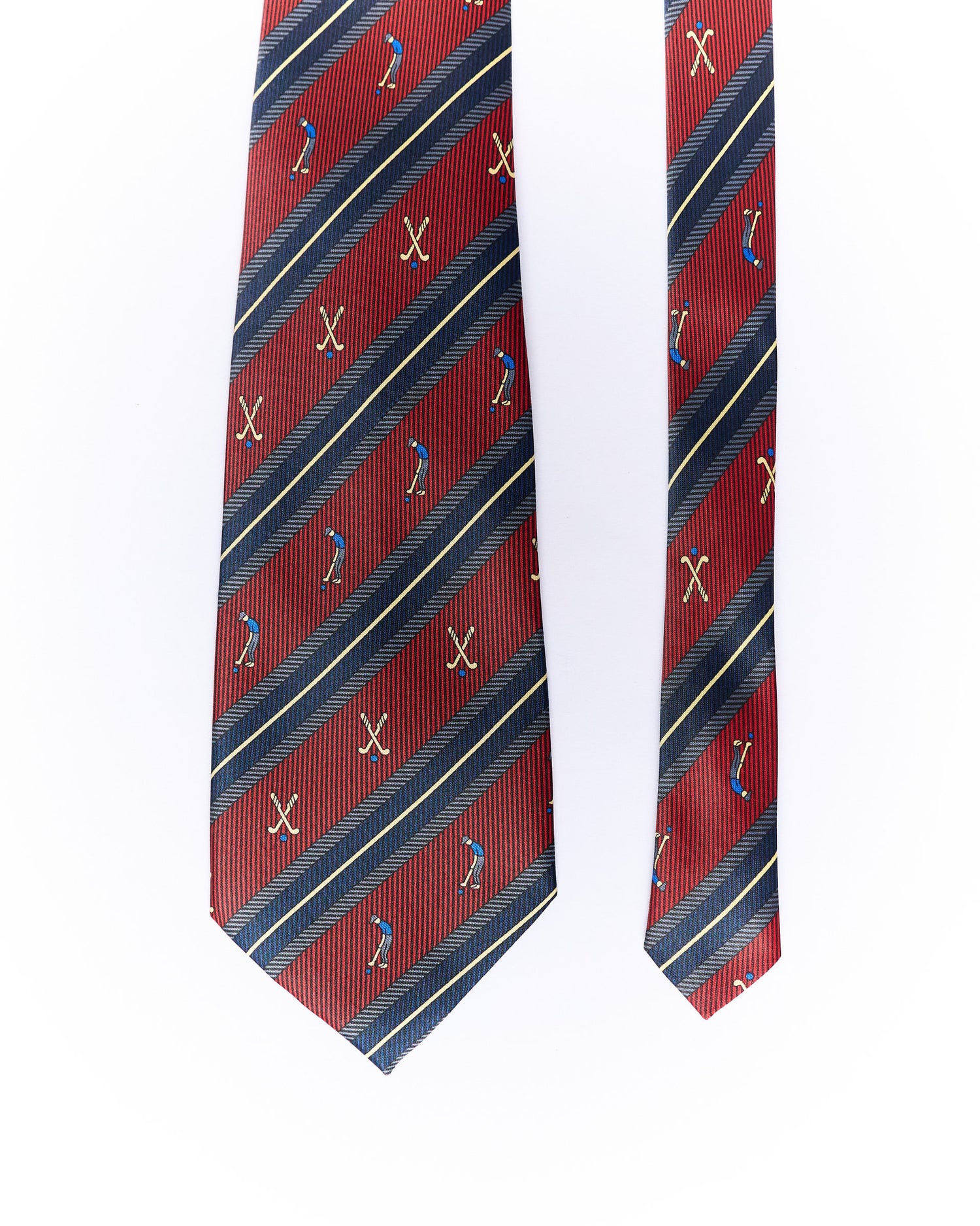 René Chagal Red and Navy Striped Golfer Print Silk Tie