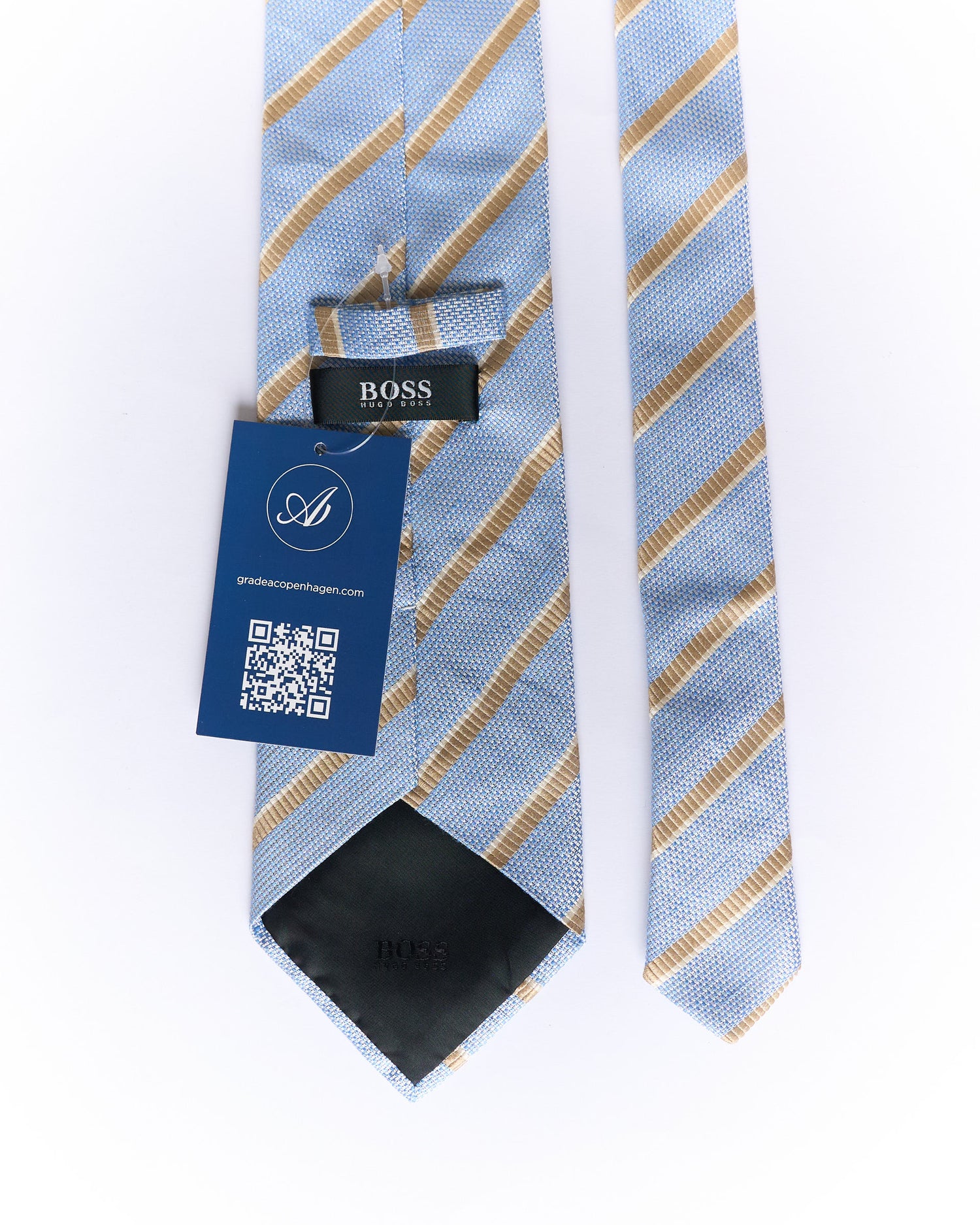 Hugo Boss Light Blue and Light Brown Striped Silk and Linen Tie