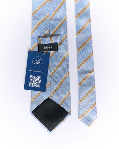 Hugo Boss Light Blue and Light Brown Striped Silk and Linen Tie