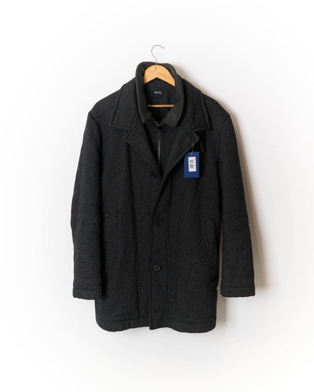 Hugo Boss Dark Grey Striped Wool Zip and Button Coat