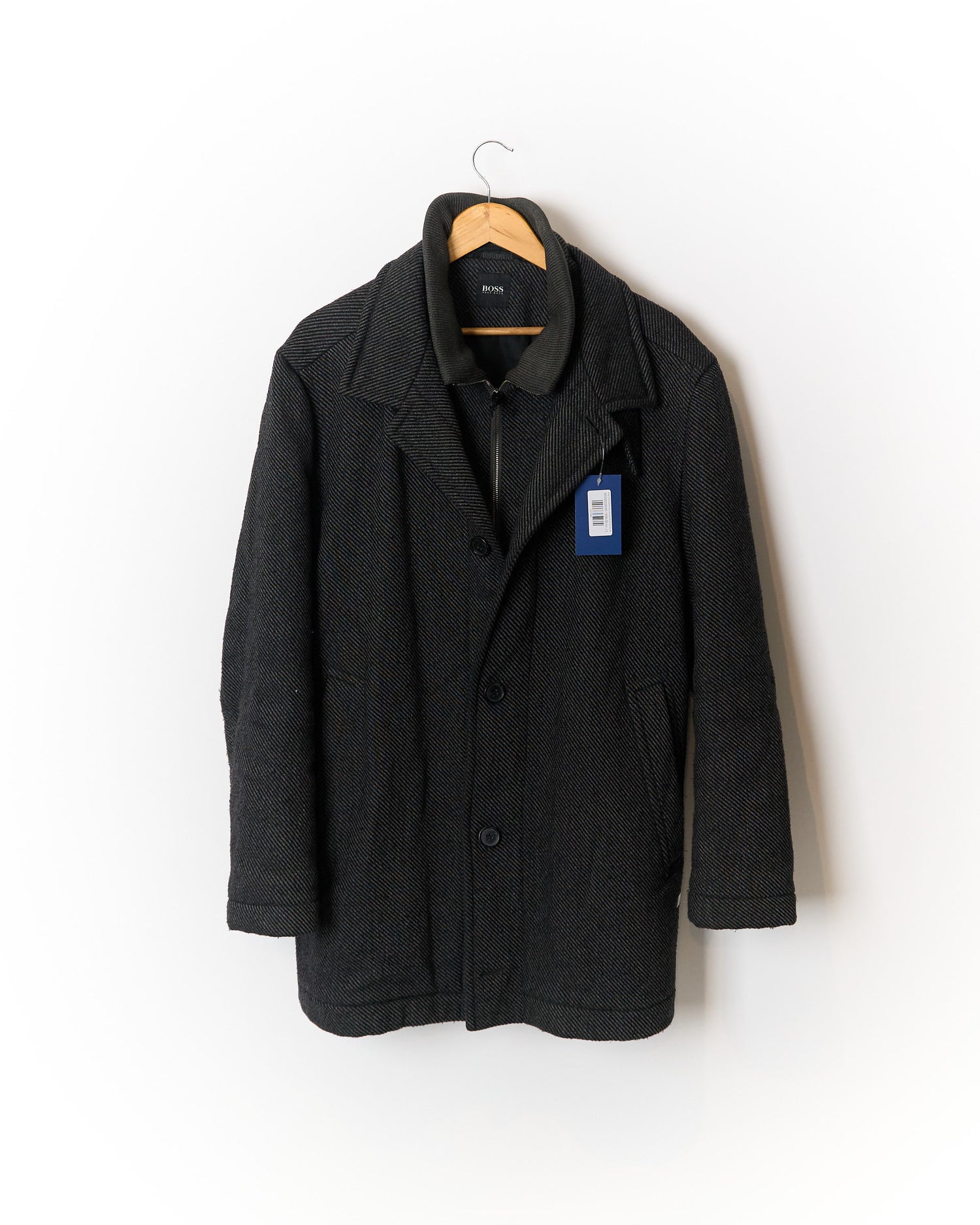 Hugo Boss Dark Grey Striped Wool Zip and Button Coat