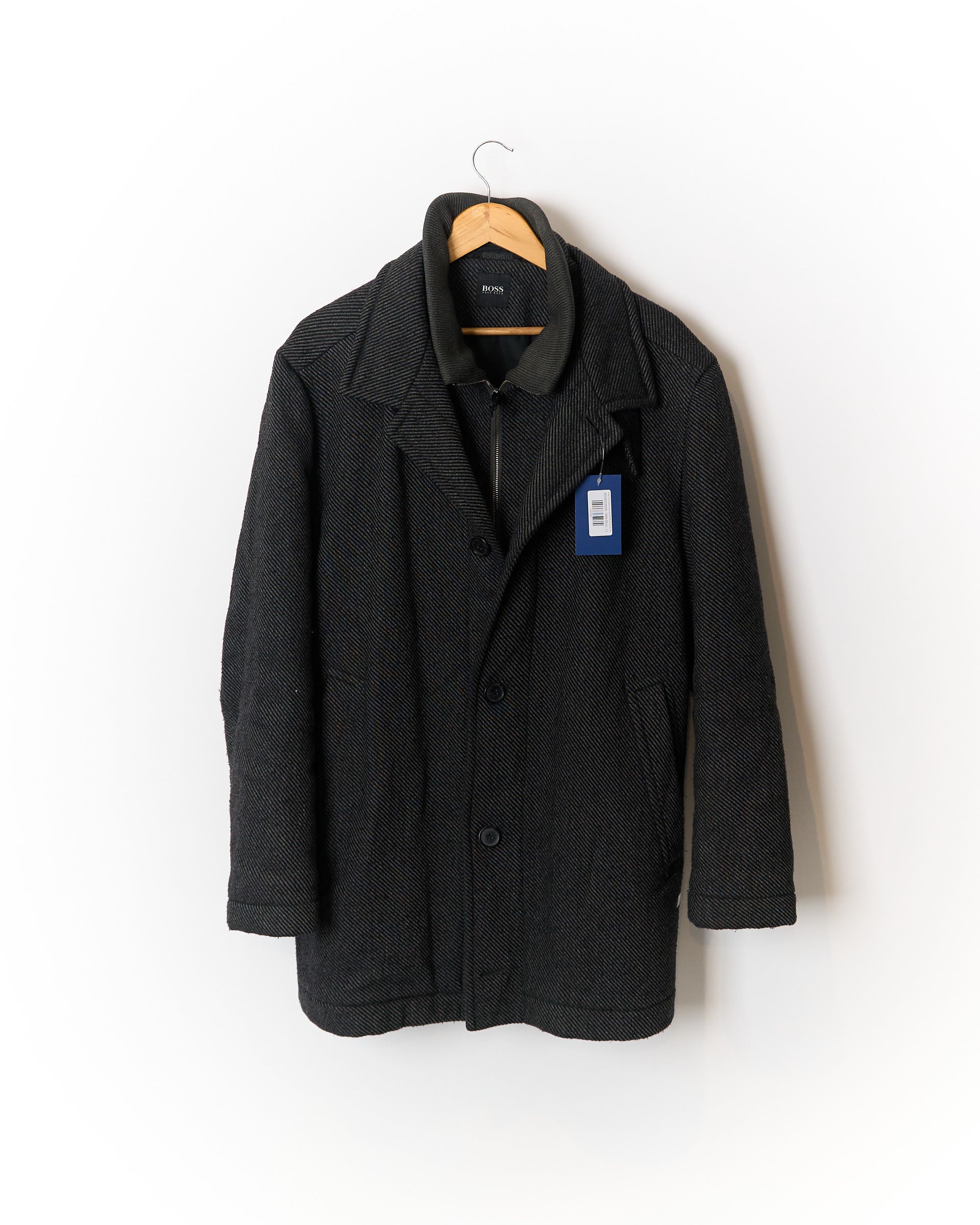 Hugo Boss Dark Grey Striped Wool Zip and Button Coat