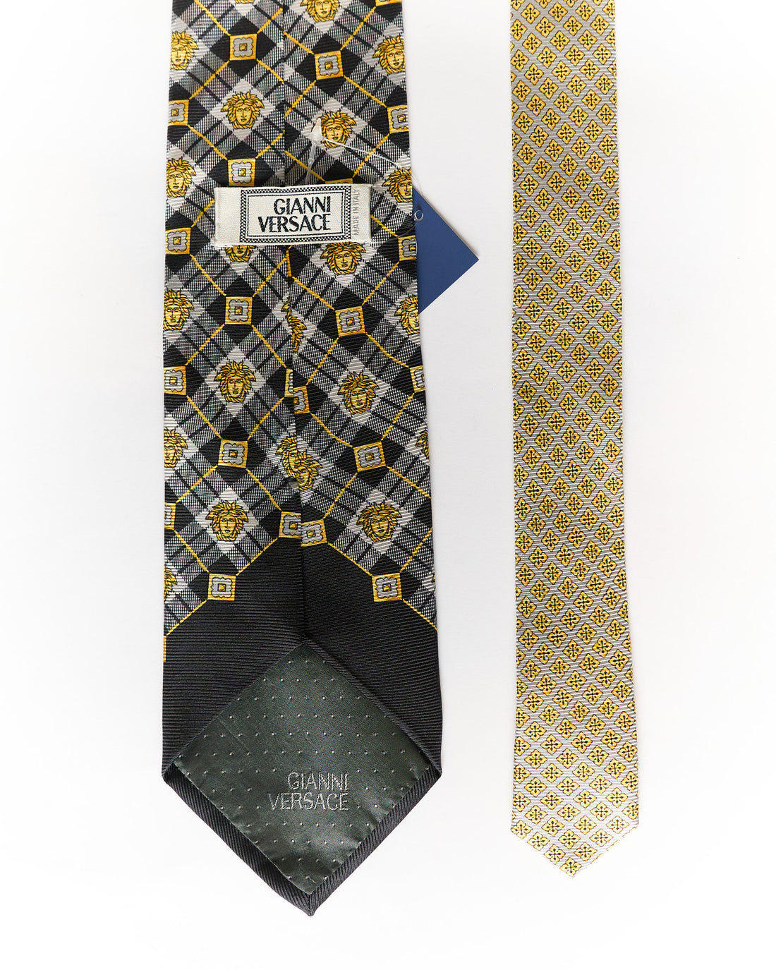 Versace Blue and Grey Checkered Vintage Print Silk Tie