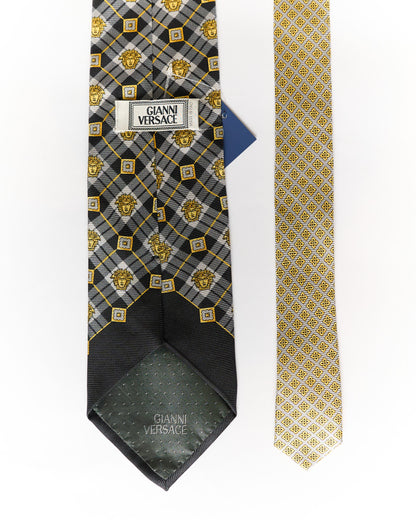 Versace Blue and Grey Checkered Vintage Print Silk Tie