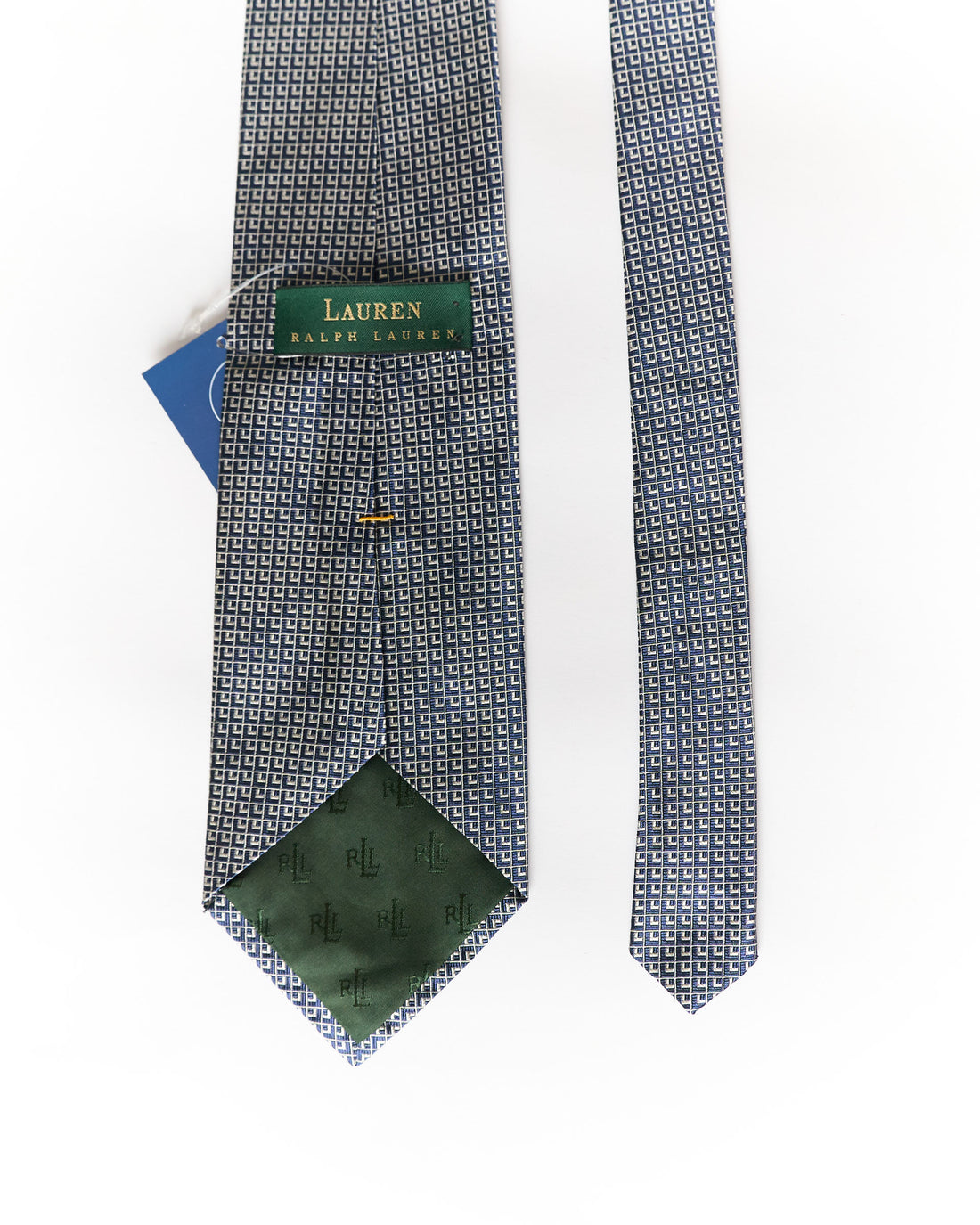 Ralph Lauren Navy and Grey Check Green Label Hand Finished Silk Tie