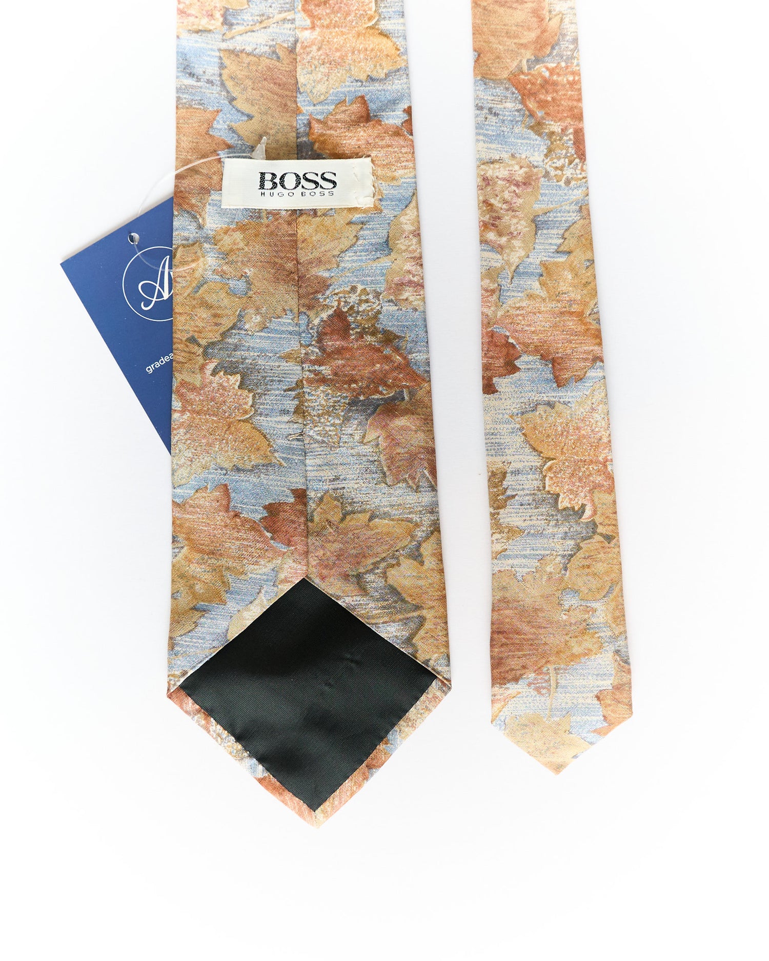 Hugo Boss Light Grey and Brown Leaf Print Silk Tie