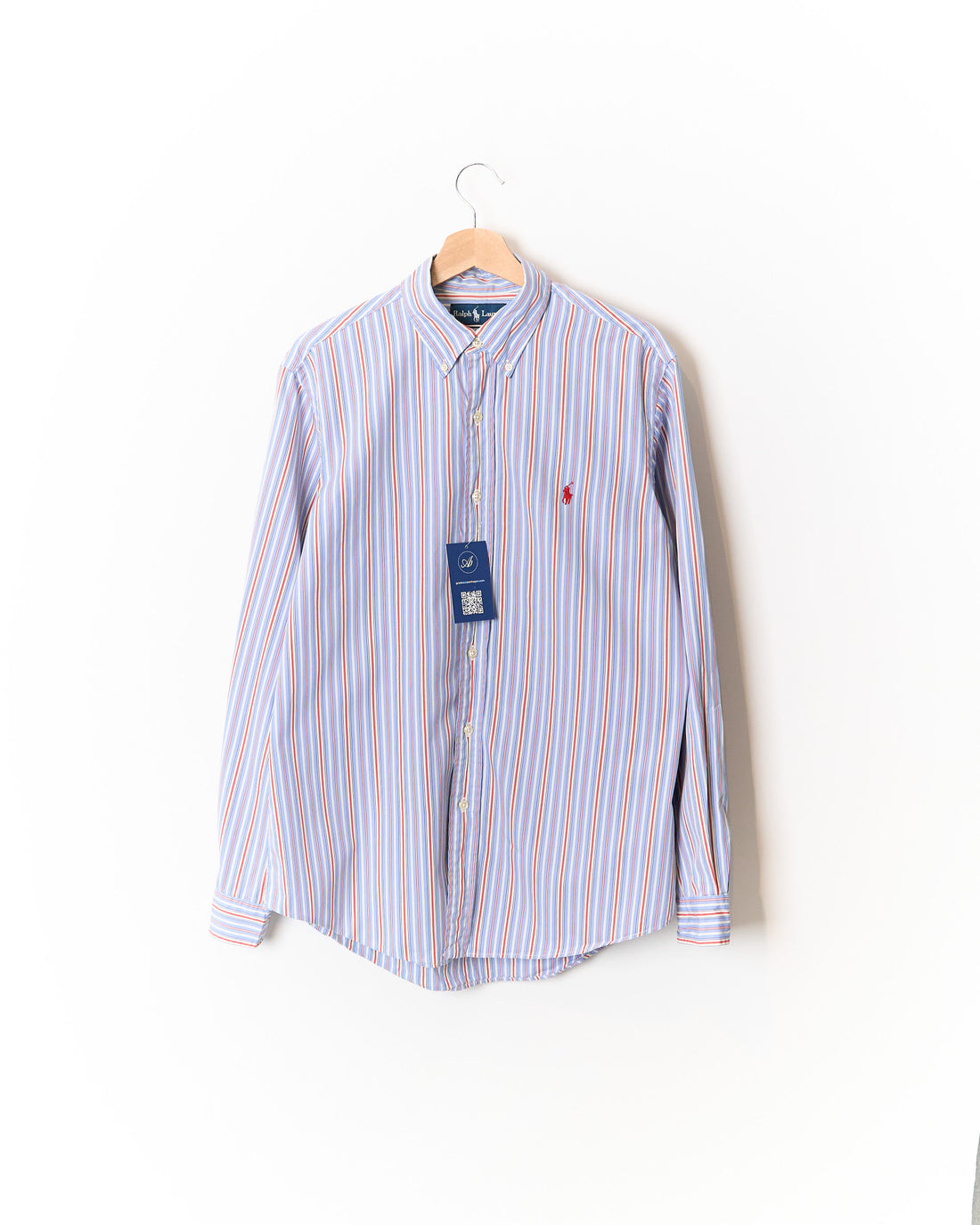 Ralph Lauren Light Blue, Red and White Striped Custom Fit Button Down Cotton Shirt