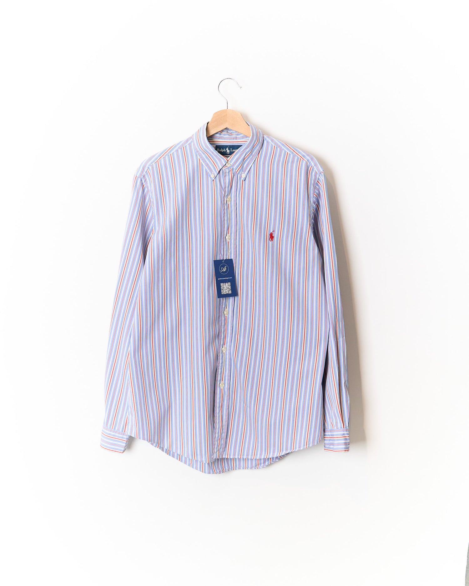 Ralph Lauren Light Blue, Red and White Striped Custom Fit Button Down Cotton Shirt