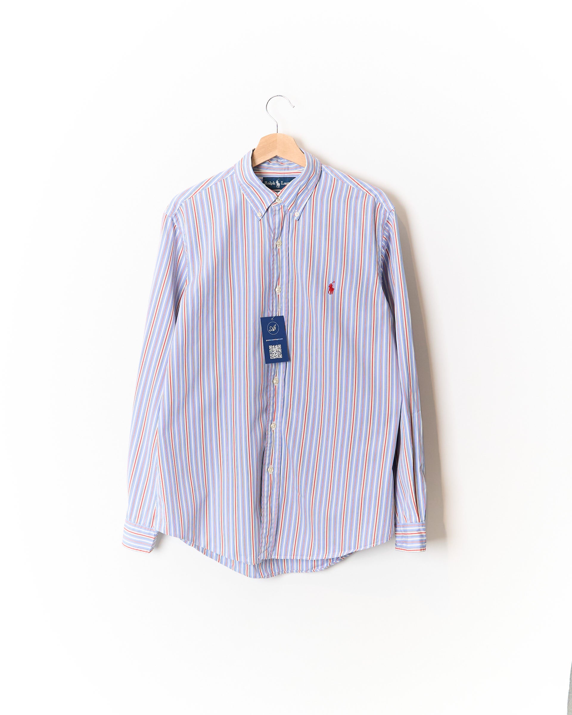 Ralph Lauren Light Blue, Red and White Striped Custom Fit Button Down Cotton Shirt