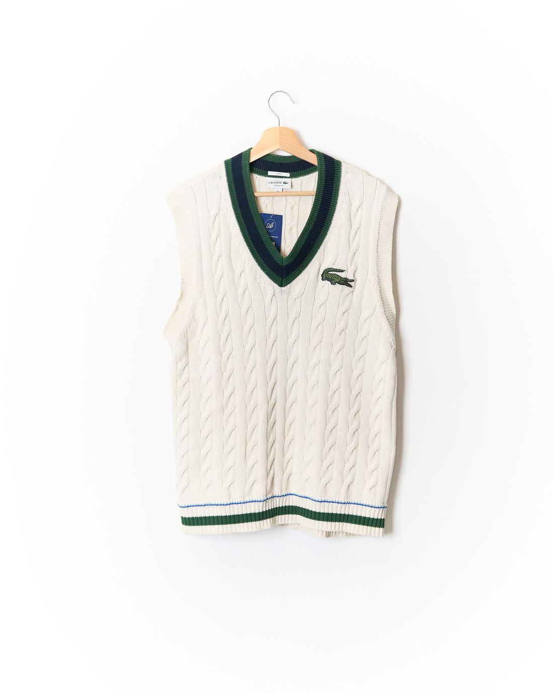 Lacoste Cream and Dark Green Logo Classic Fit Cable Knit Vest