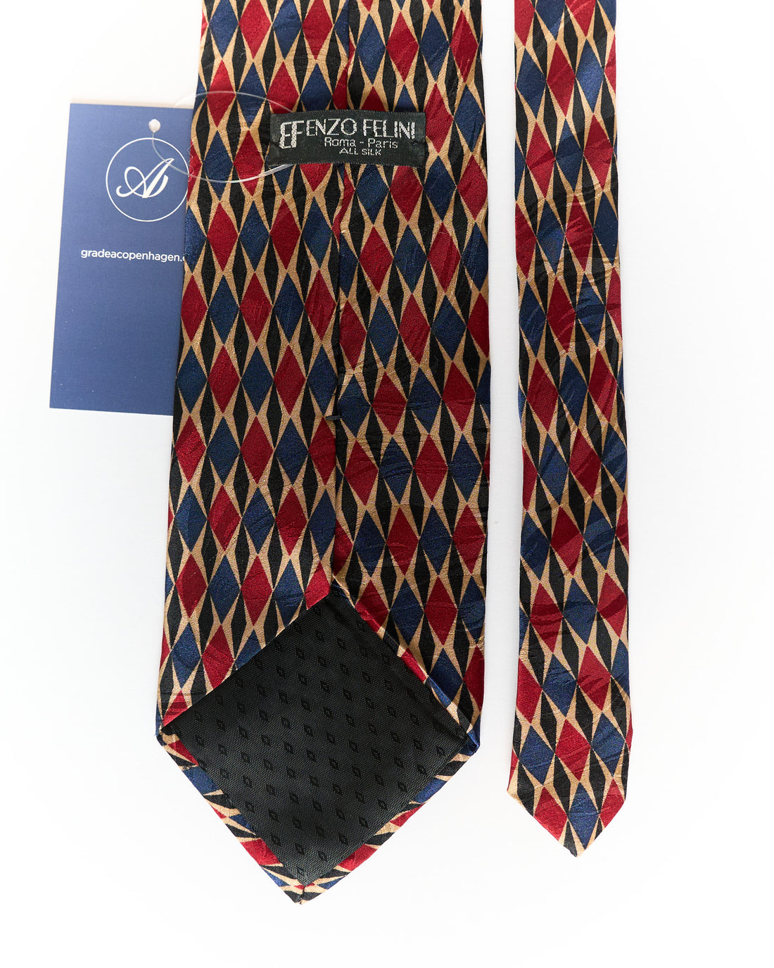 EF Enzo Felini Navy, Red and Gold Harlequin Hand Made Silk Tie