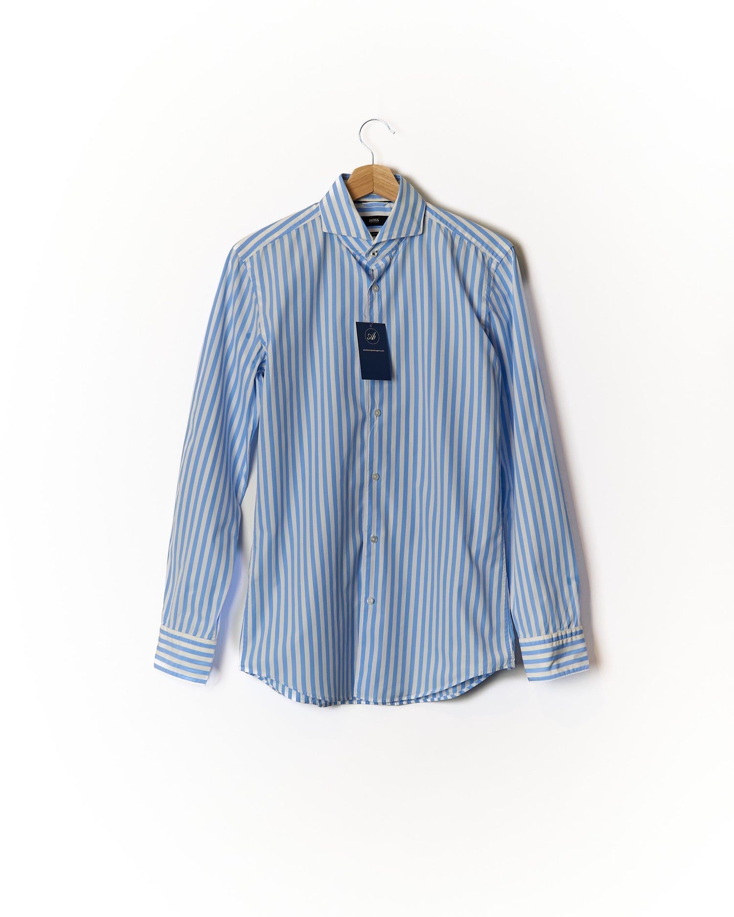 Hugo Boss Light Blue and White Striped Slim Fit Cotton Shirt