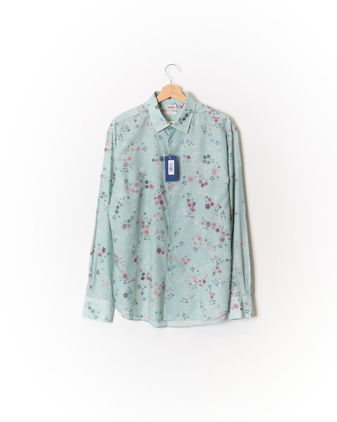 Kenzo Light Green Flower Print Slim Fit Cotton Shirt