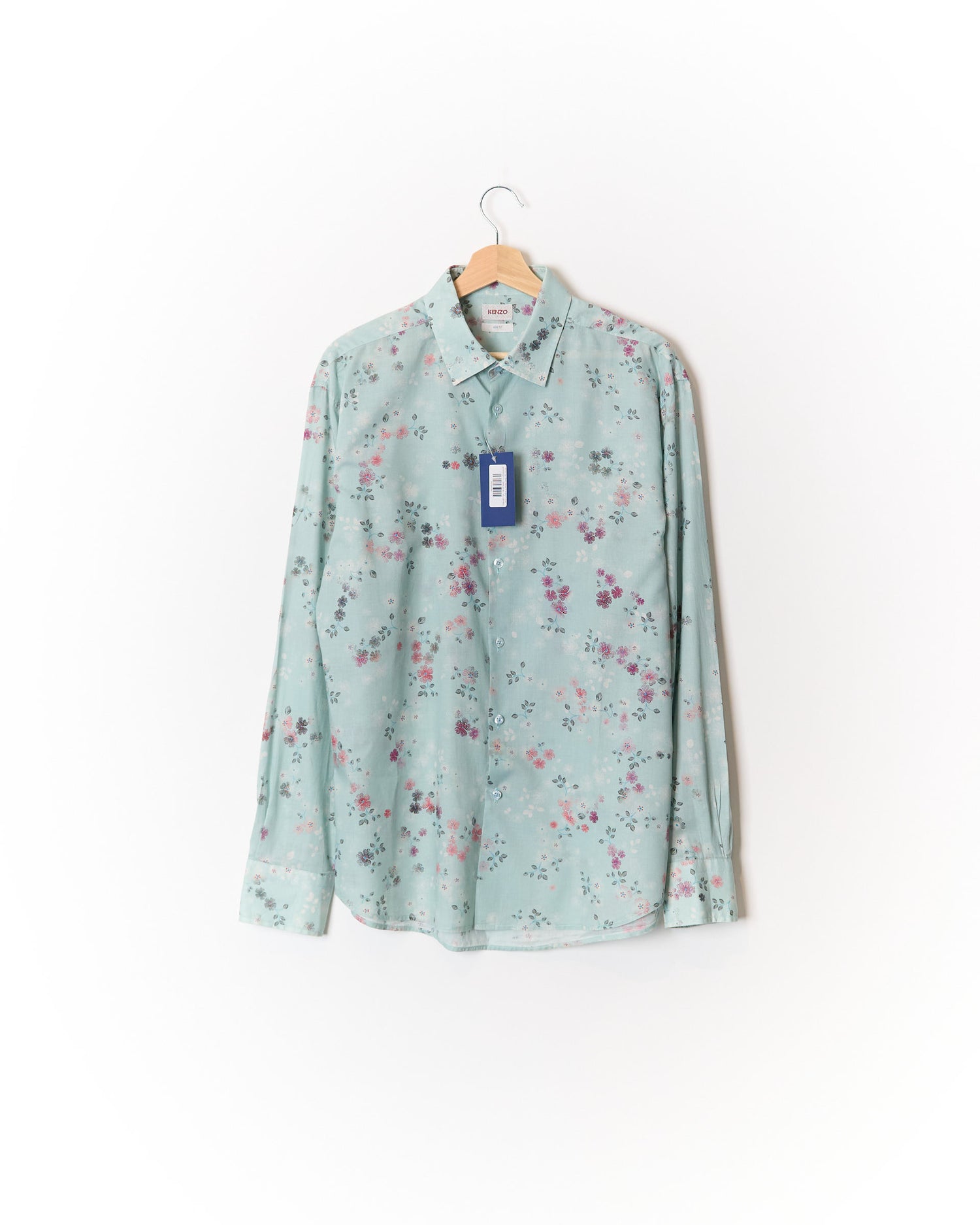 Kenzo Light Green Flower Print Slim Fit Cotton Shirt