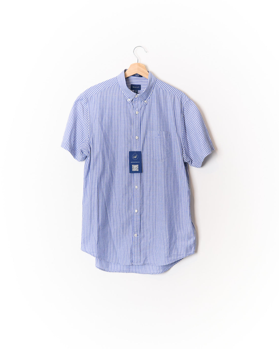 Gant Light Blue Striped Tech Prep Regular Button Down Cotton Short Sleeved Shirt