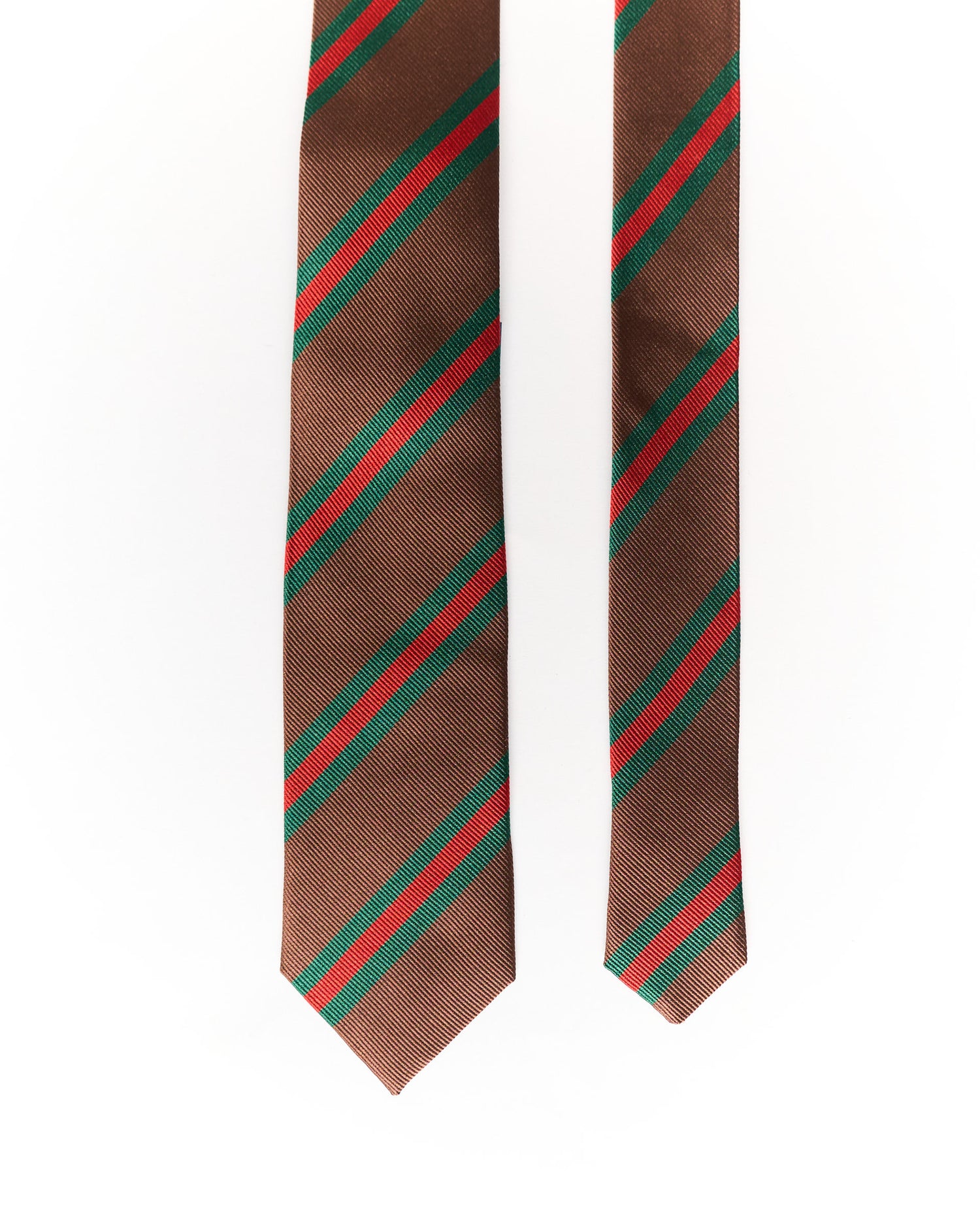 An Ivy Brown, Red and Green Striped Hand Made Slim Silk Tie