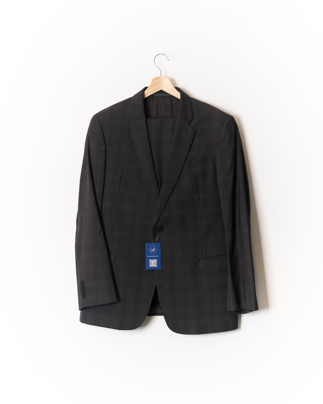 Armani Collezioni Dark Grey Checkered Straight Leg Wool Suit
