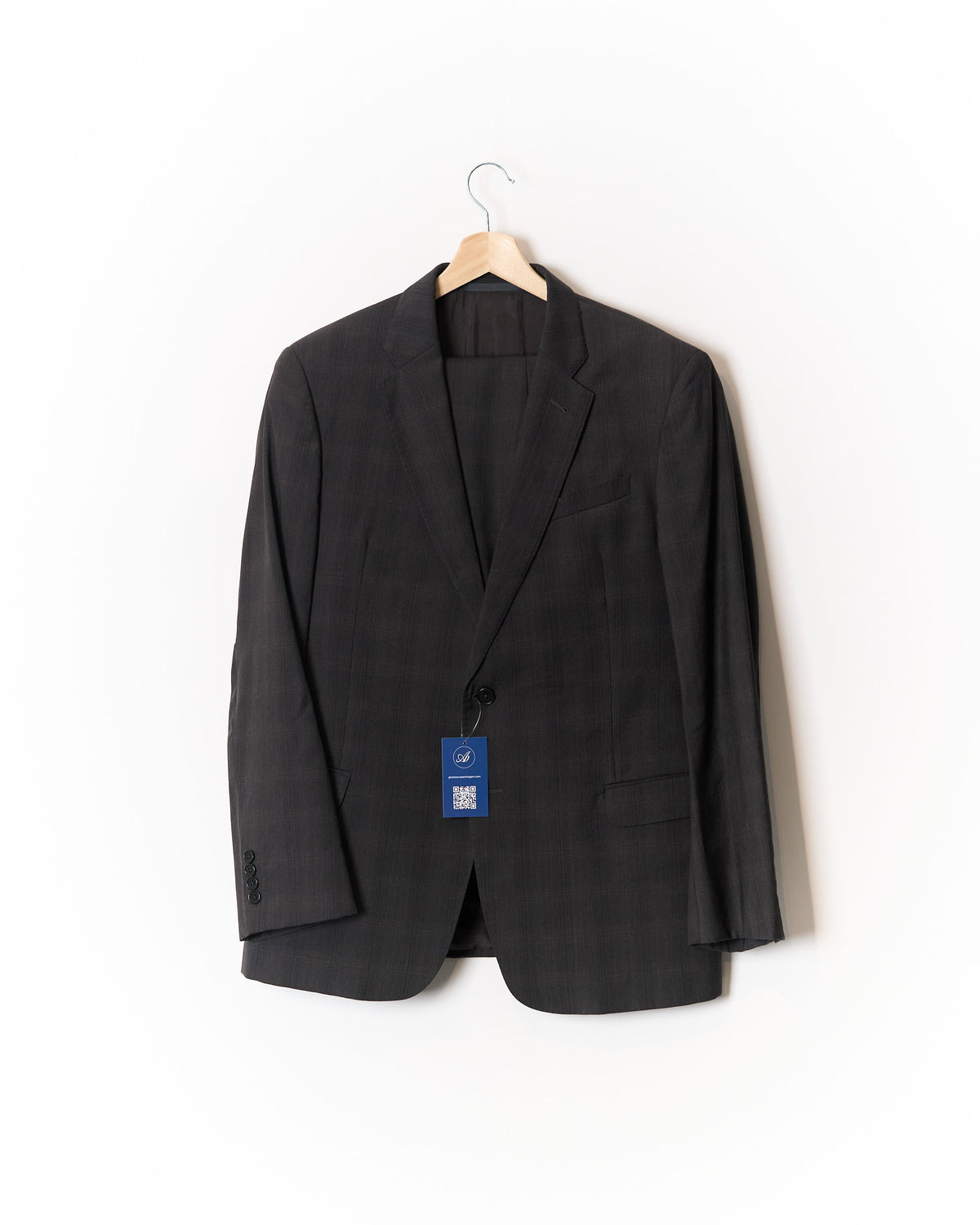 Armani Collezioni Dark Grey Checkered Straight Leg Wool Suit