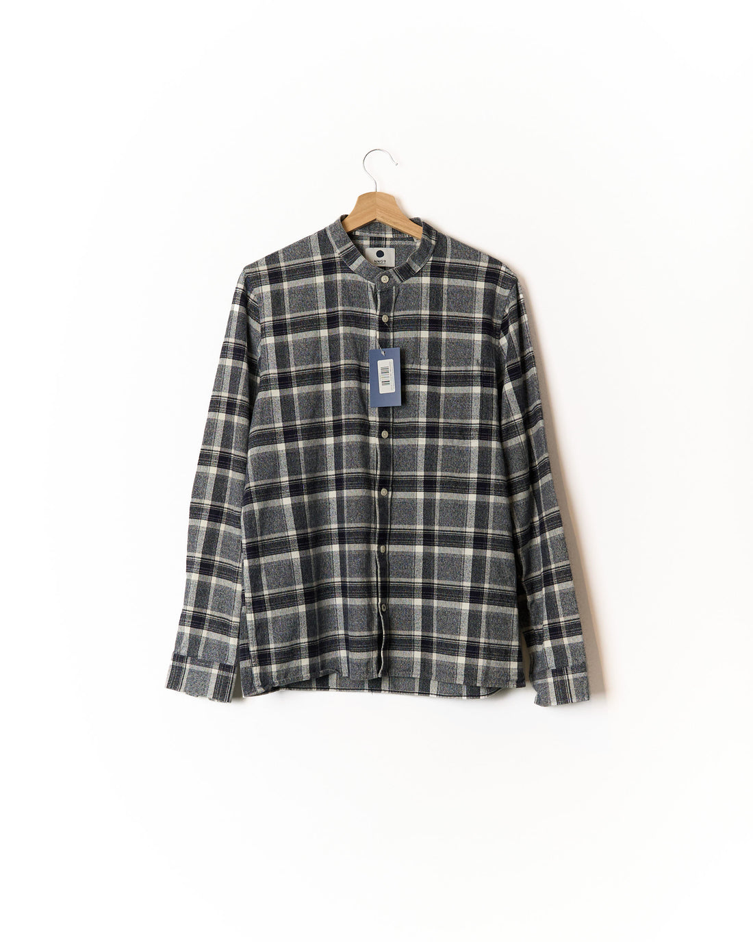 NN07 Grey and White Checkered Gustav Slim Cotton China Collar Shirt